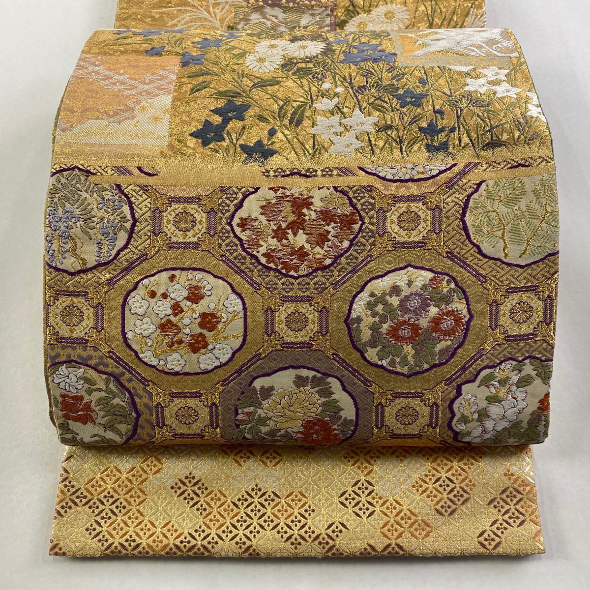 【美品】 袋帶 秀品級 草花紋紋 仙鶴 金絲刺繡 金色 六通 純蠶絲