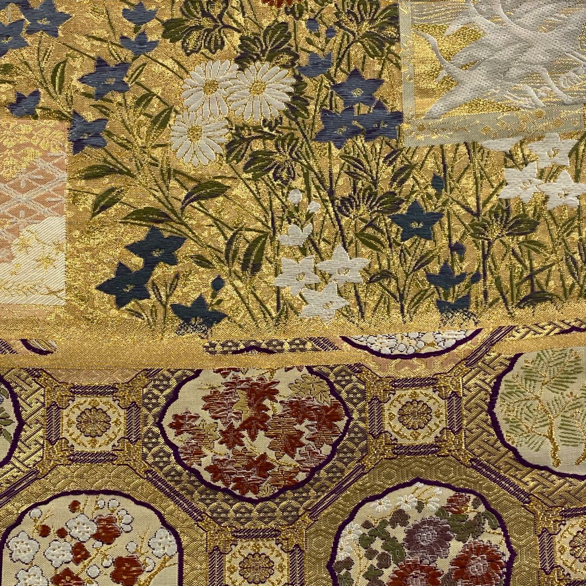 【美品】 袋帶 秀品級 草花紋紋 仙鶴 金絲刺繡 金色 六通 純蠶絲