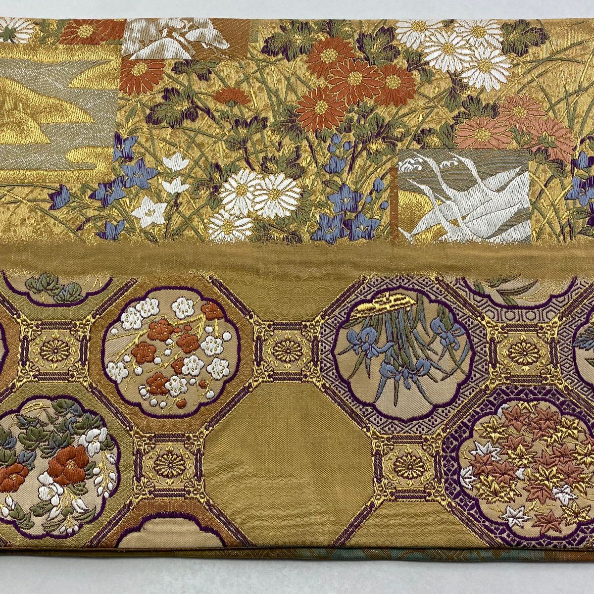 【美品】 袋帶 秀品級 草花紋紋 仙鶴 金絲刺繡 金色 六通 純蠶絲