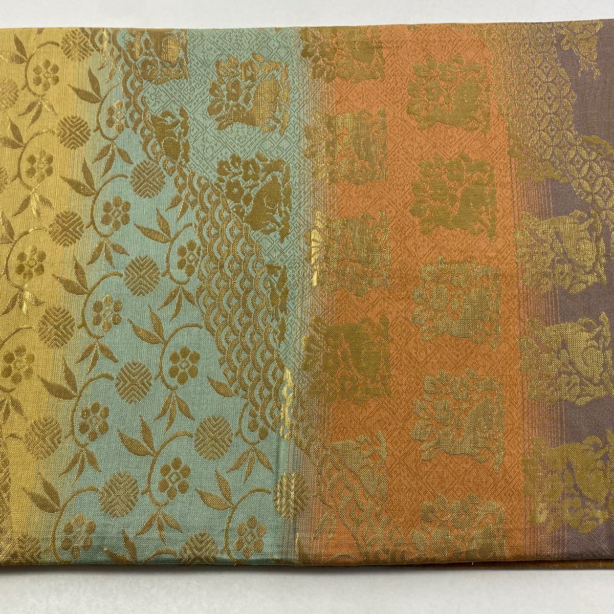 【美品】 袋帶 秀品級 草花紋紋 仙鶴 金絲刺繡 金色 六通 純蠶絲