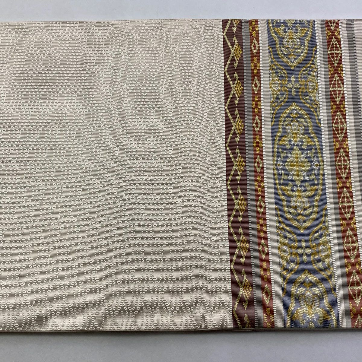 【美品】 袋帶 秀品級 段紋 華紋 金銀彩 淡奶油 六通 純蠶絲