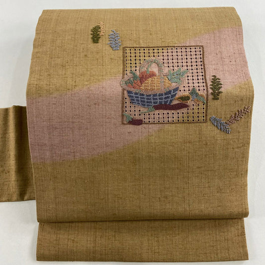 【美品】 名古屋帶 秀品級 紬織織 色紙 生物 刺繡 茶 純蠶絲
