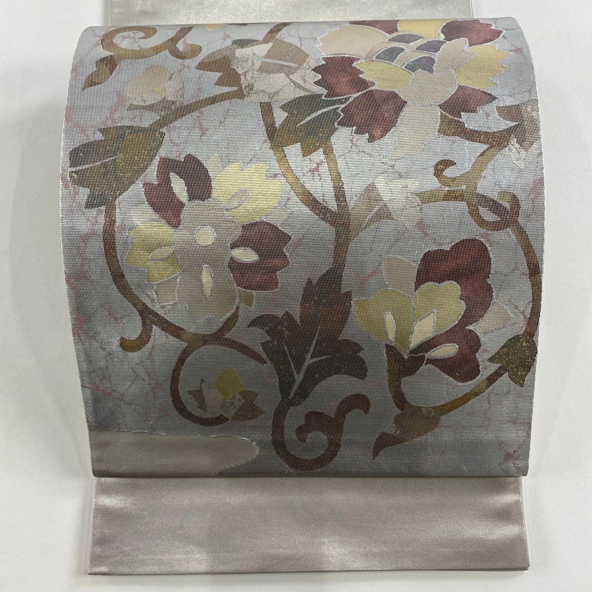 【美品】 袋帶 秀品級 花唐草紋 螺鈿金金箔 銀 金銀彩 純蠶絲