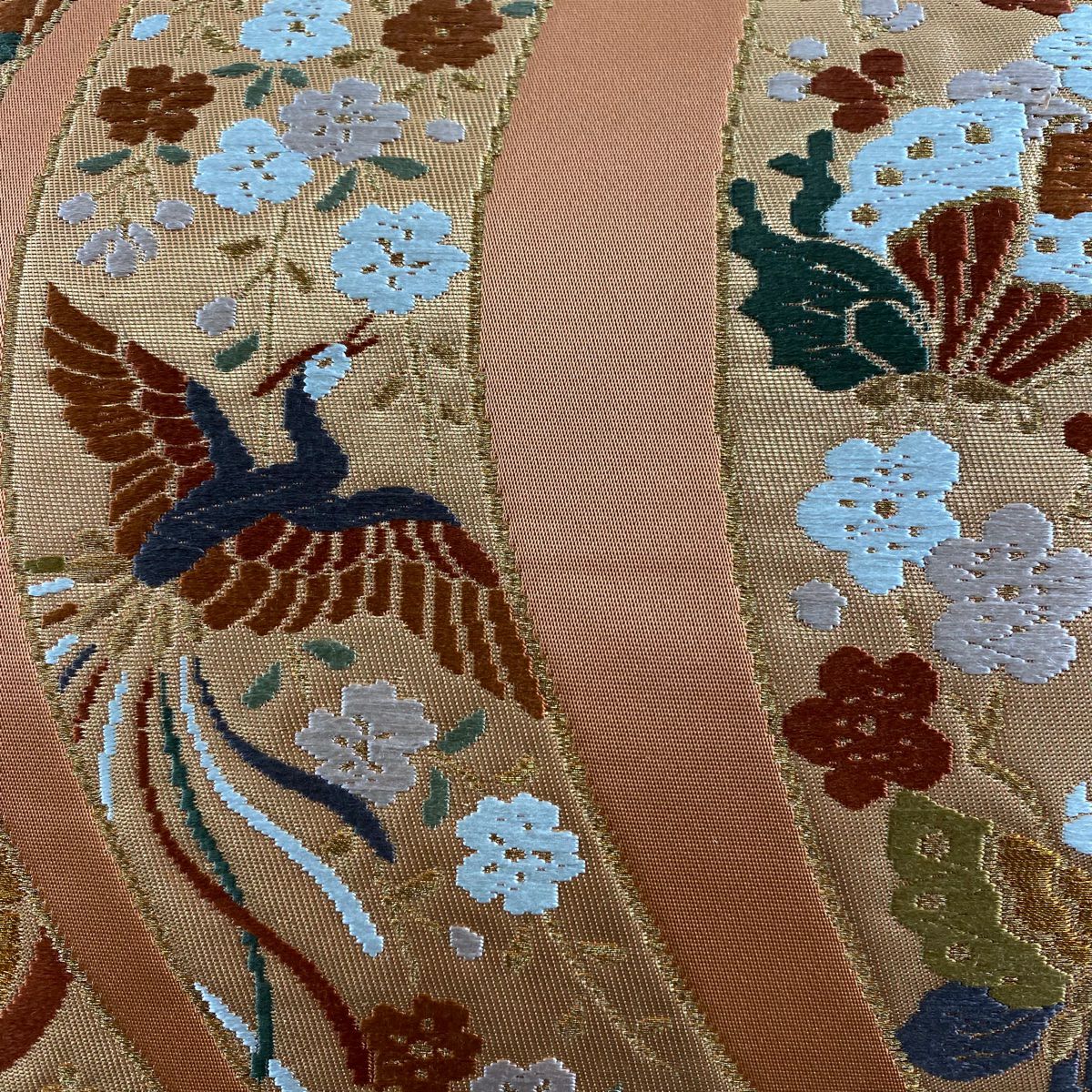 【美品】 袋帶 秀品級 渡文 落款あり 關西仕立 花鳥 蝶 刺繡 金線 橙色 六通 純蠶絲