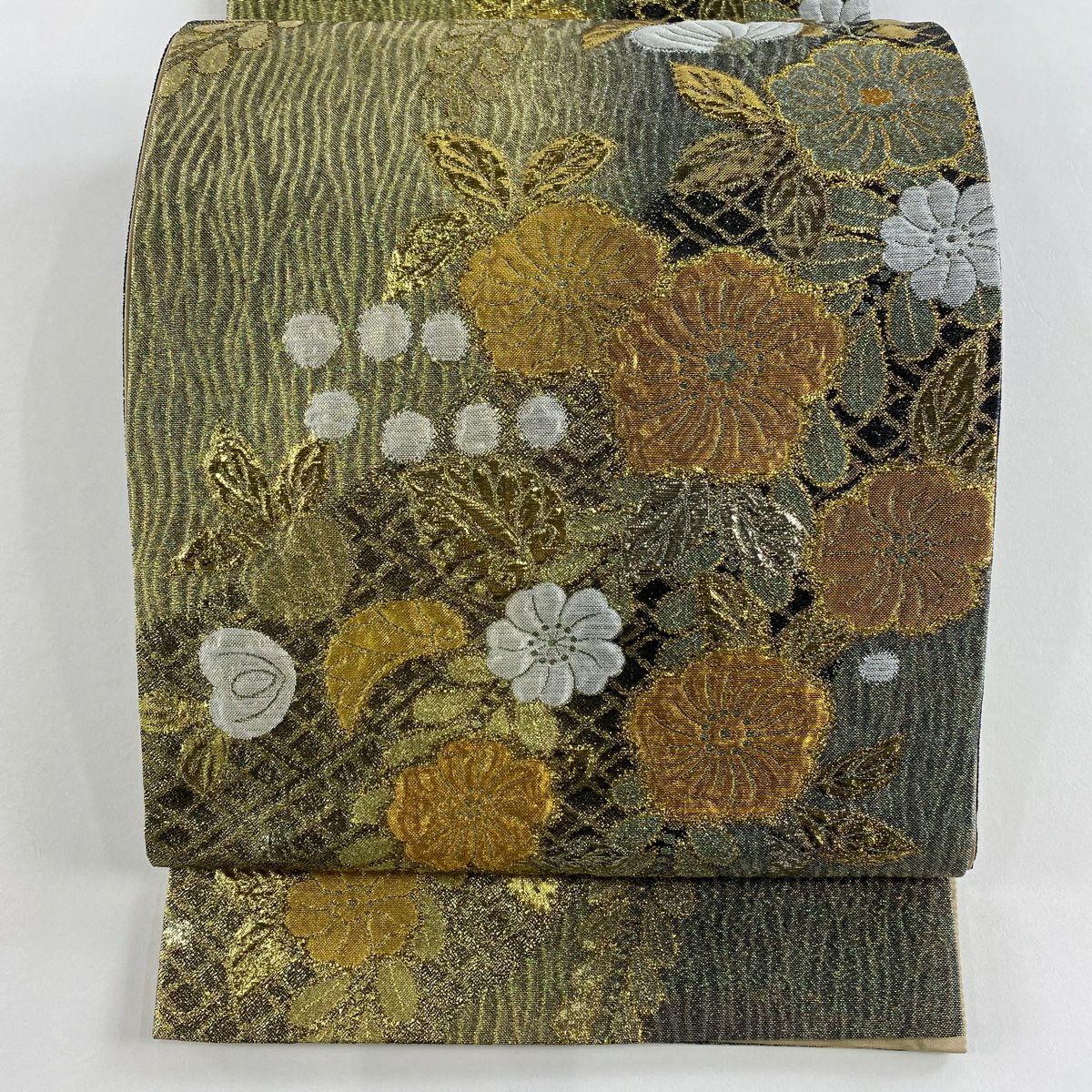 【美品】 袋帶 秀品級 草花紋紋 金金箔 金絲 灰綠 六通 純蠶絲