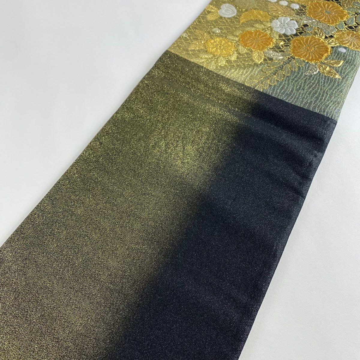 【美品】 袋帶 秀品級 草花紋紋 金金箔 金絲 灰綠 六通 純蠶絲
