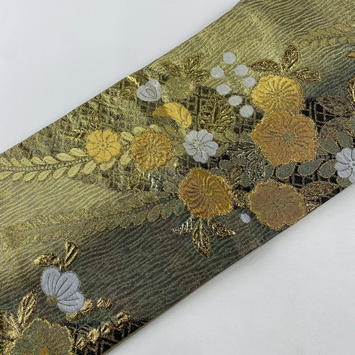 【美品】 袋帶 秀品級 草花紋紋 金金箔 金絲 灰綠 六通 純蠶絲
