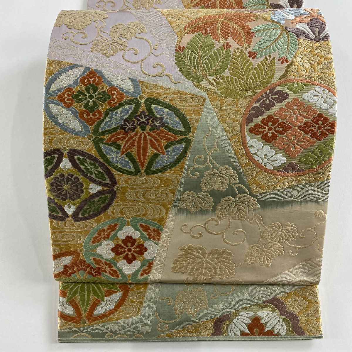 【美品】 袋帶 秀品級 關西仕立 雜寶 若松樹 刺繡 金線 灰綠 六通 純蠶絲