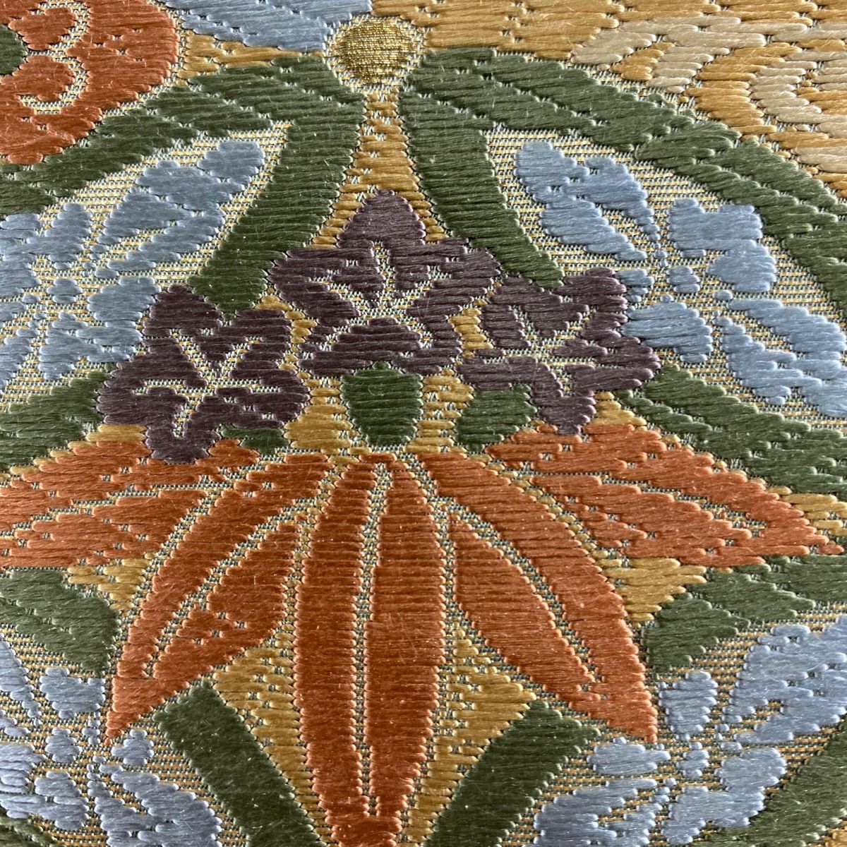 【美品】 袋帶 秀品級 關西仕立 雜寶 若松樹 刺繡 金線 灰綠 六通 純蠶絲