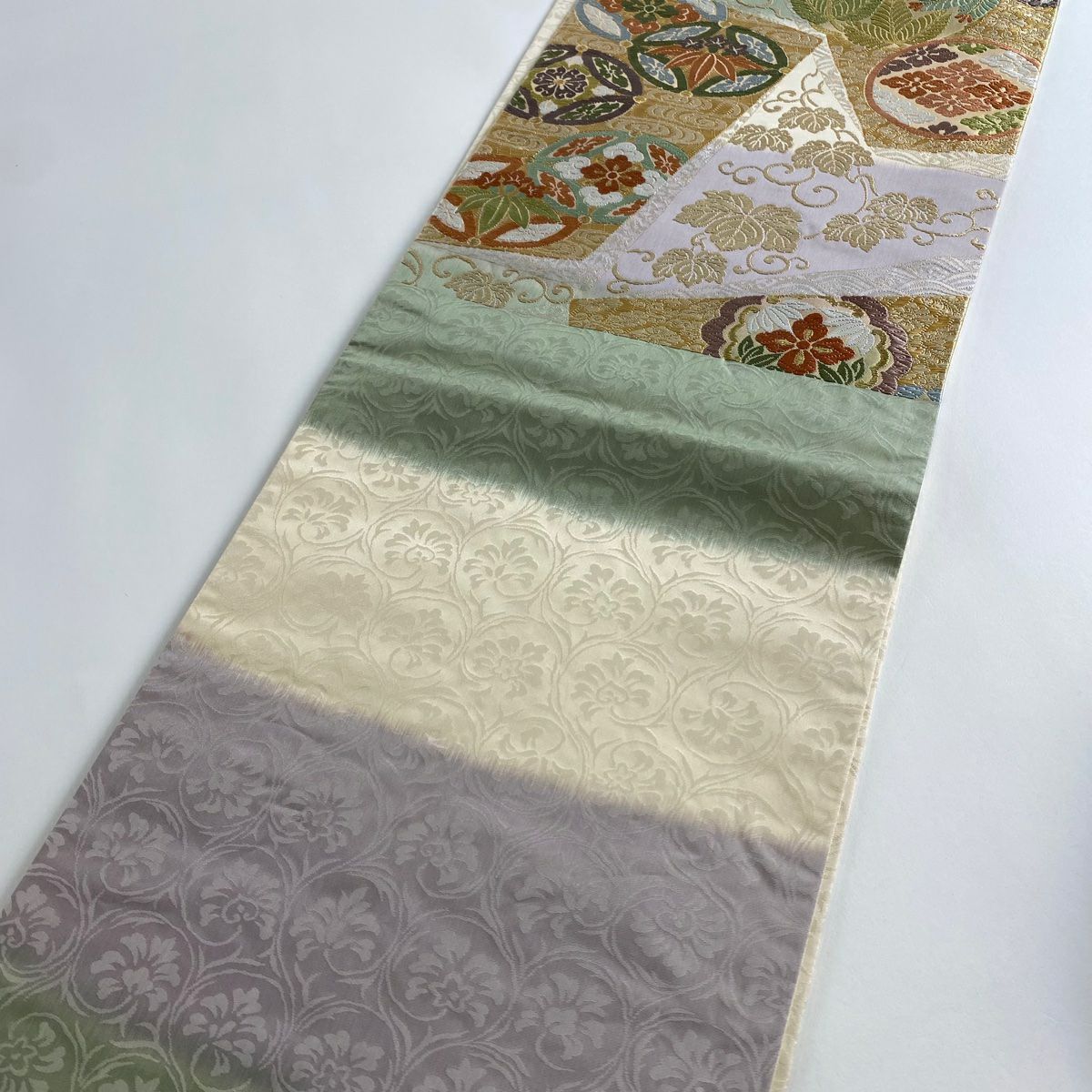 【美品】 袋帶 秀品級 關西仕立 雜寶 若松樹 刺繡 金線 灰綠 六通 純蠶絲