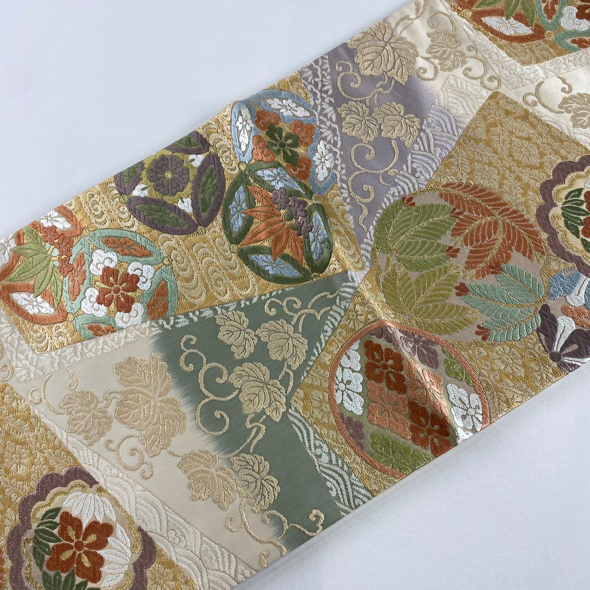 【美品】 袋帶 秀品級 關西仕立 雜寶 若松樹 刺繡 金線 灰綠 六通 純蠶絲