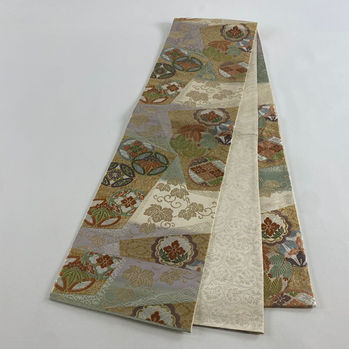 【美品】 袋帶 秀品級 關西仕立 雜寶 若松樹 刺繡 金線 灰綠 六通 純蠶絲