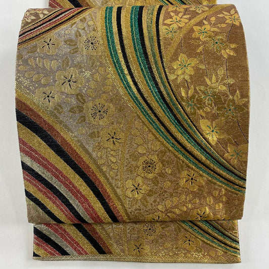 袋帶 秀品級 草花紋紋 斜紋 金絲 金金箔 金色 六通 純蠶絲