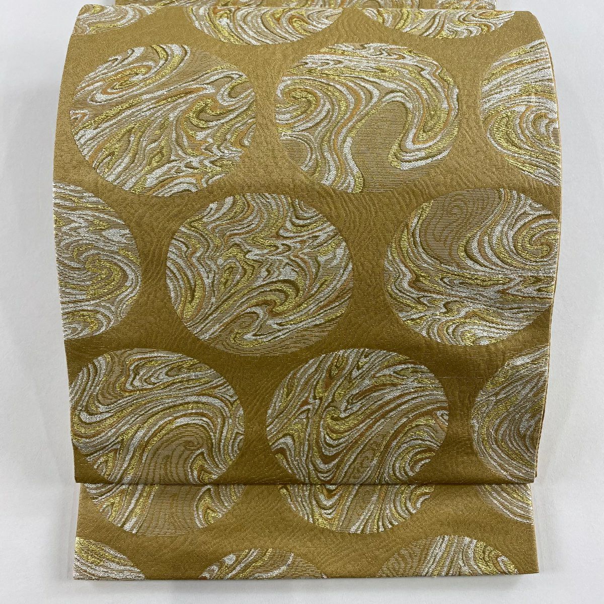 【美品】 袋帶 秀品級 清映粋薫風 圓文 幾何學圖案 金絲 金金箔 淺茶 六通 純蠶絲
