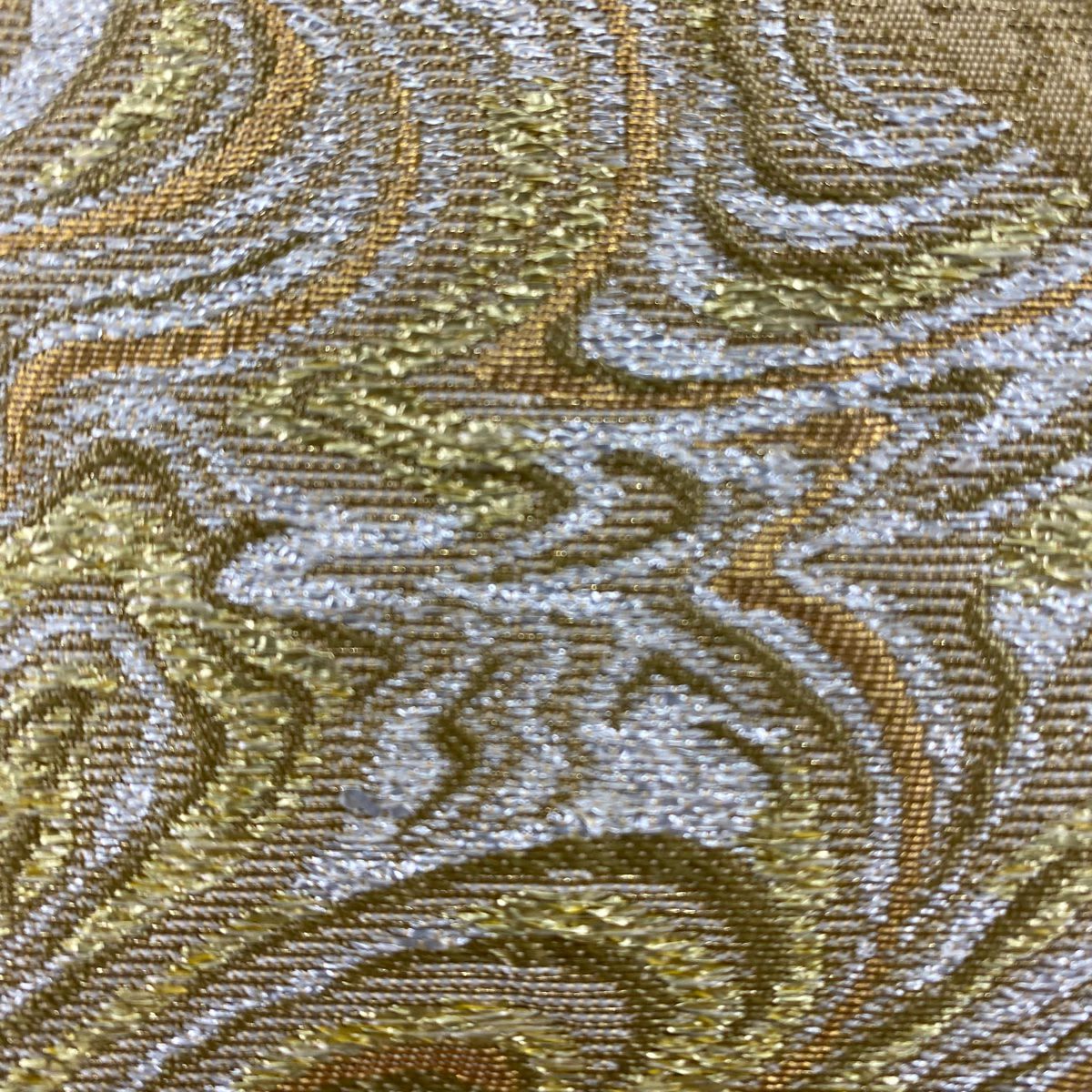 【美品】 袋帶 秀品級 清映粋薫風 圓文 幾何學圖案 金絲 金金箔 淺茶 六通 純蠶絲