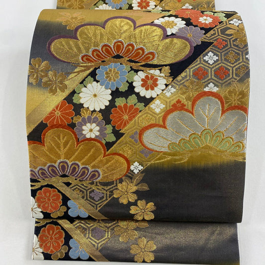 袋帶 秀品級 古典錦 笠松樹 菊花 刺繡 金銀彩 灰色 六通 純蠶絲