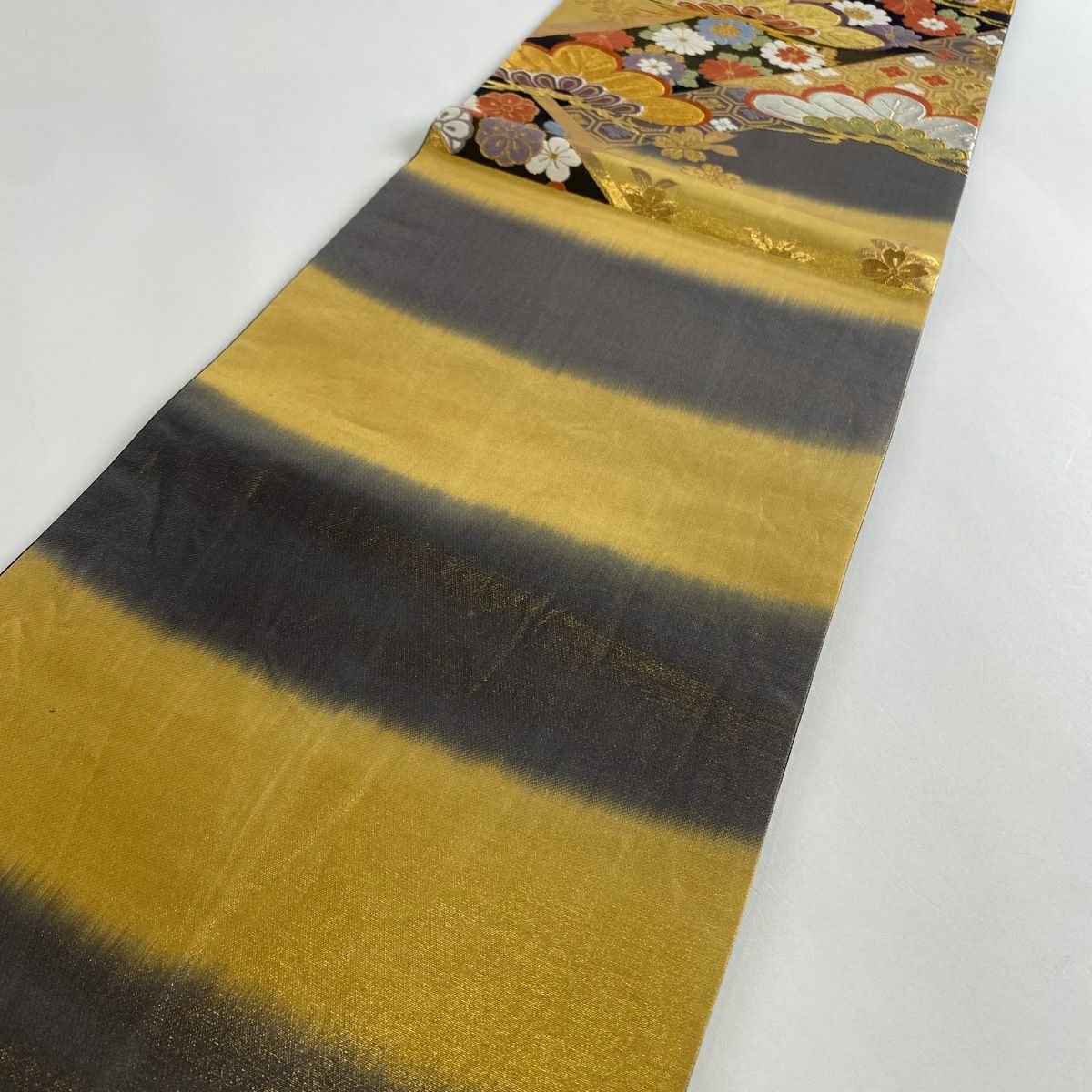 袋帶 秀品級 古典錦 笠松樹 菊花 刺繡 金銀彩 灰色 六通 純蠶絲