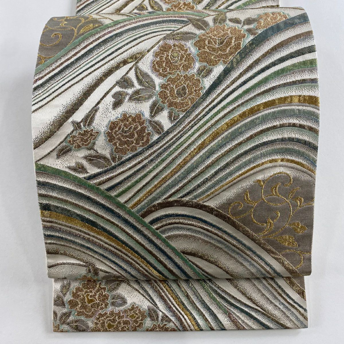 【美品】 袋帶 秀品級 草花紋紋 波 金金箔 金絲 奶油色 全通 純蠶絲