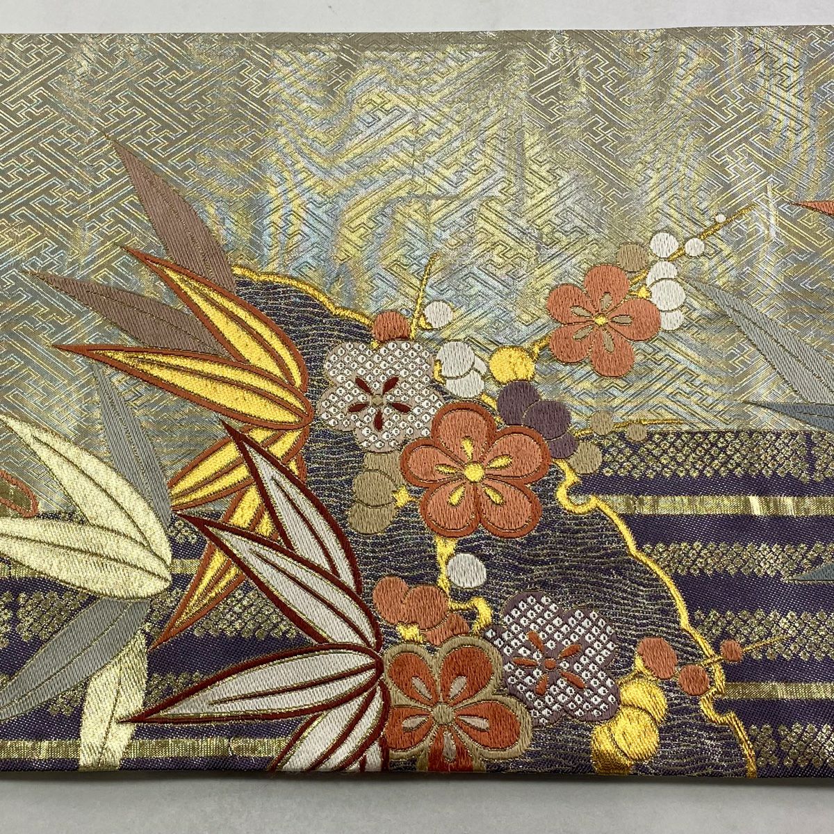 袋帶 秀品級 雪輪 竹子梅花 金絲 金金箔 金色 六通 純蠶絲