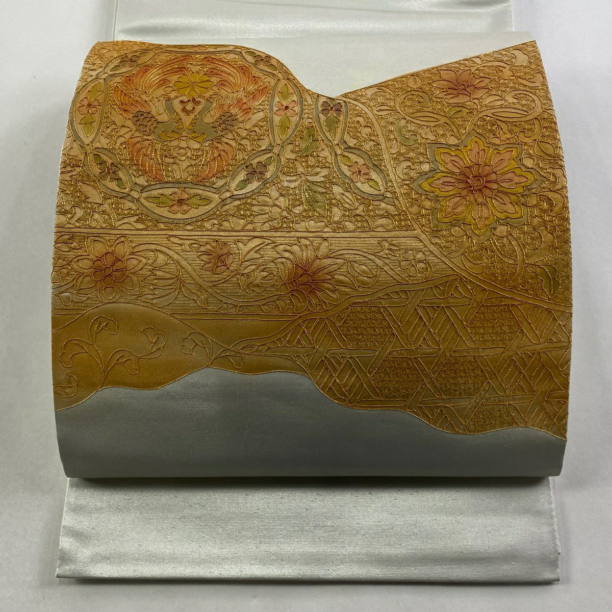 【美品】 袋帶 秀品級 向鳥 華紋 金絲 金金箔 灰色 大鼓圖案 純蠶絲