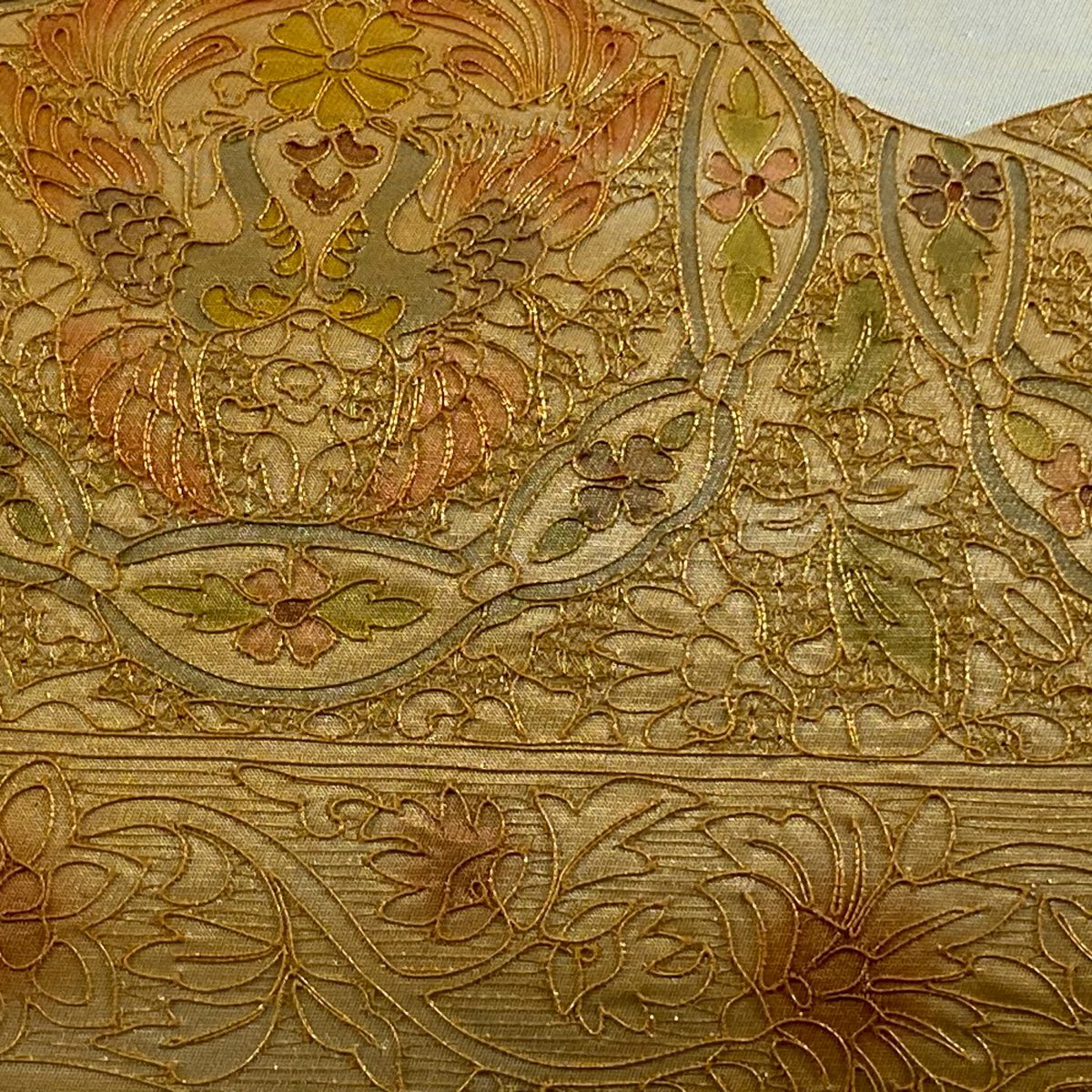 【美品】 袋帶 秀品級 向鳥 華紋 金絲 金金箔 灰色 大鼓圖案 純蠶絲