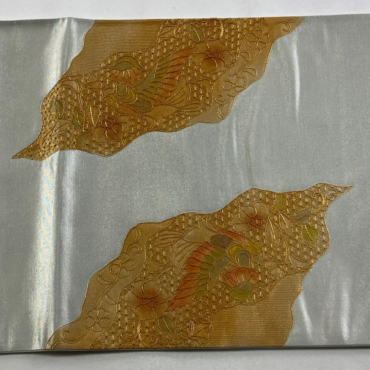 【美品】 袋帶 秀品級 向鳥 華紋 金絲 金金箔 灰色 大鼓圖案 純蠶絲