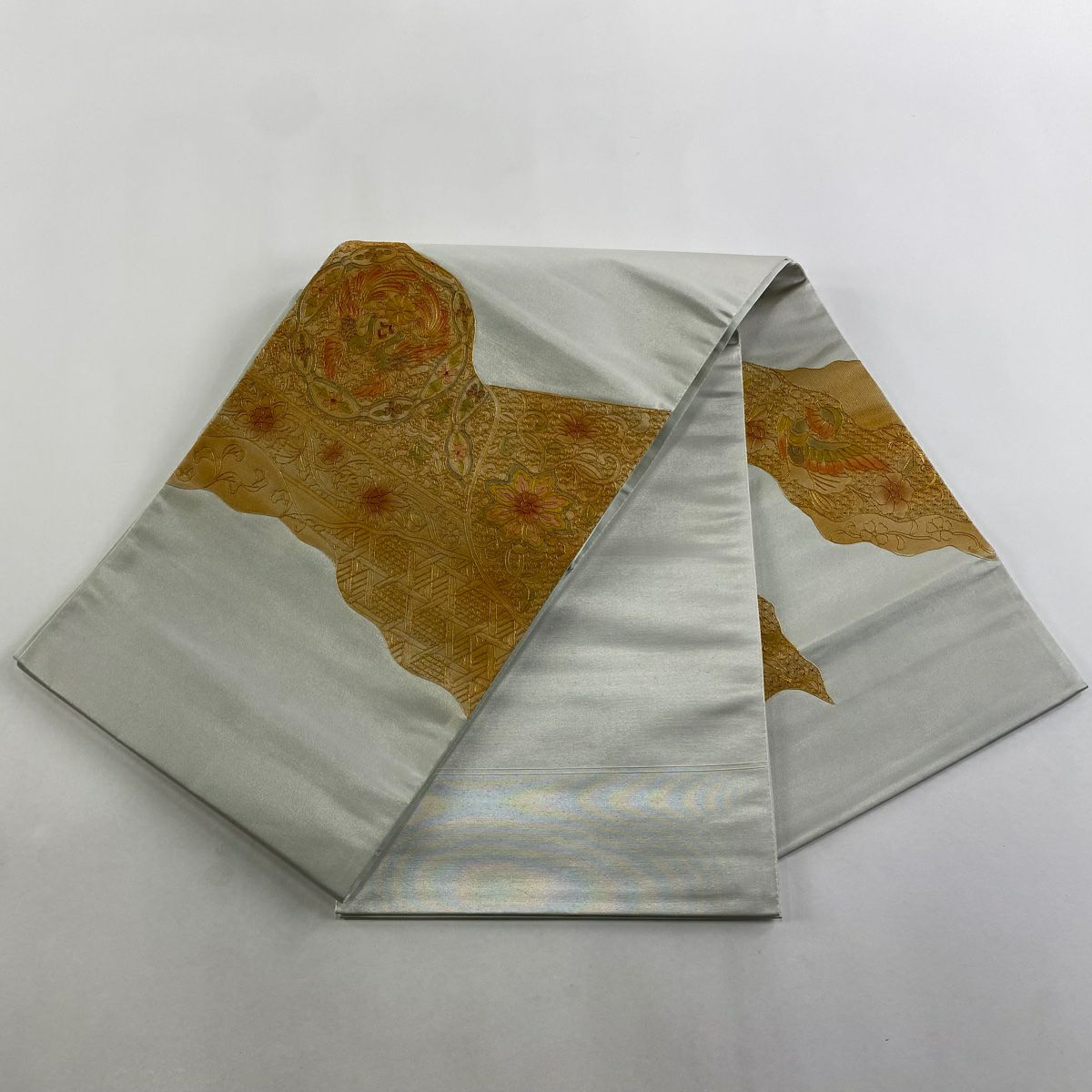 【美品】 袋帶 秀品級 向鳥 華紋 金絲 金金箔 灰色 大鼓圖案 純蠶絲