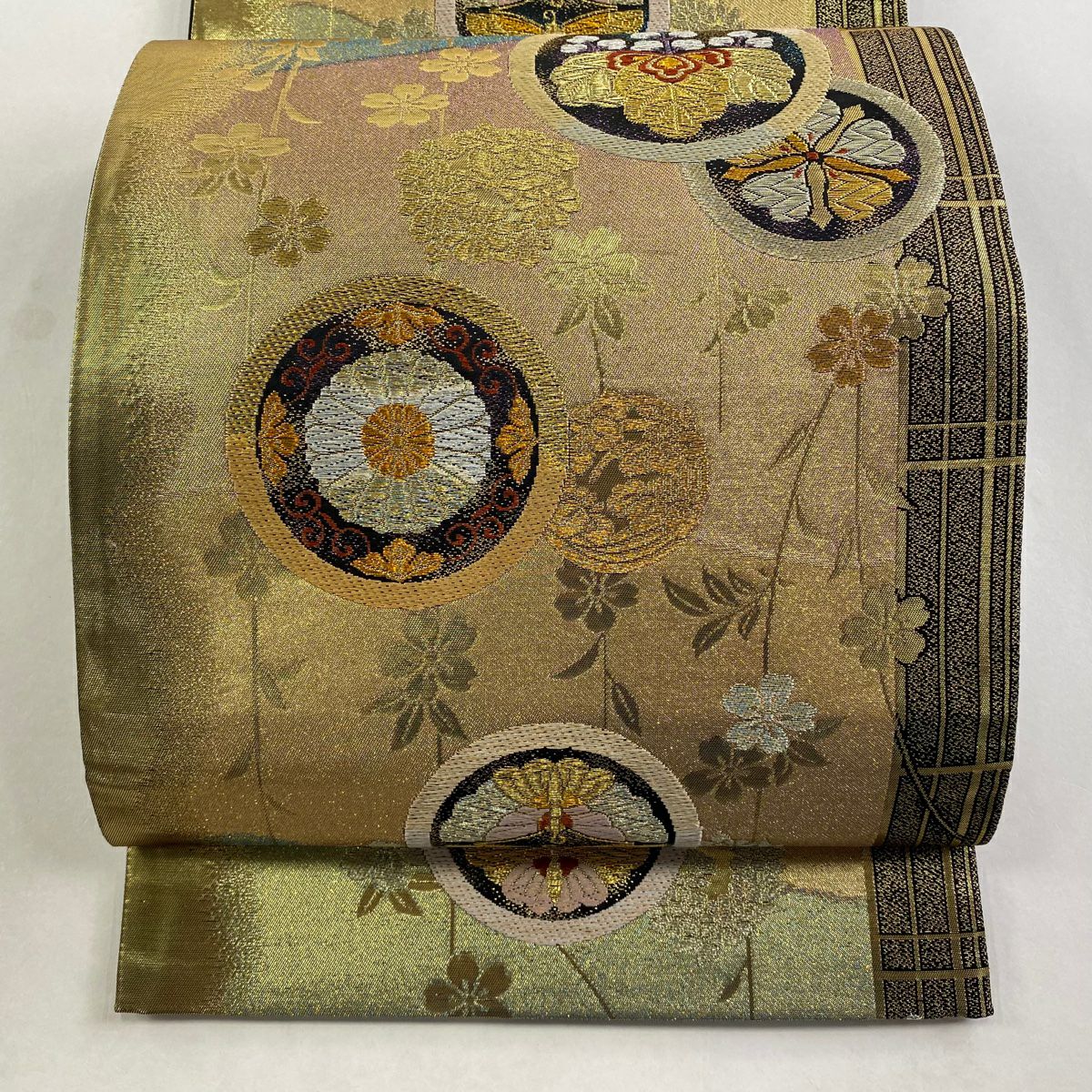 【美品】 袋帶 秀品級 蝶 桐 金銀線 金金箔 金 六通 純蠶絲