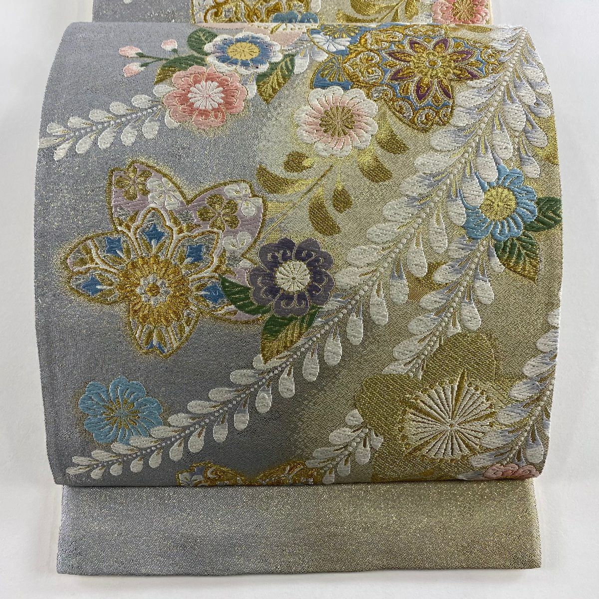 【美品】 袋帶 秀品級 關西仕立 華紋 草花紋紋 金銀彩 金金箔 青灰 深藍色 六通 純蠶絲