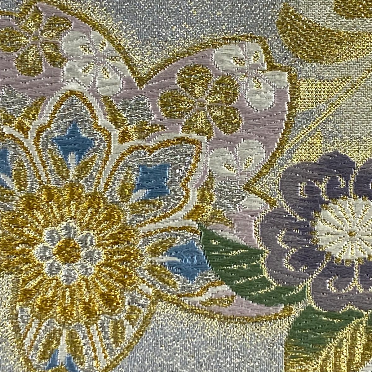 【美品】 袋帶 秀品級 關西仕立 華紋 草花紋紋 金銀彩 金金箔 青灰 深藍色 六通 純蠶絲