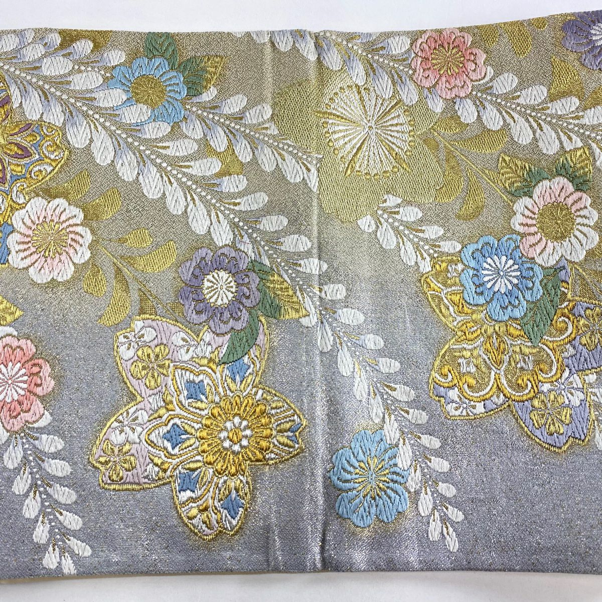 【美品】 袋帶 秀品級 關西仕立 華紋 草花紋紋 金銀彩 金金箔 青灰 深藍色 六通 純蠶絲
