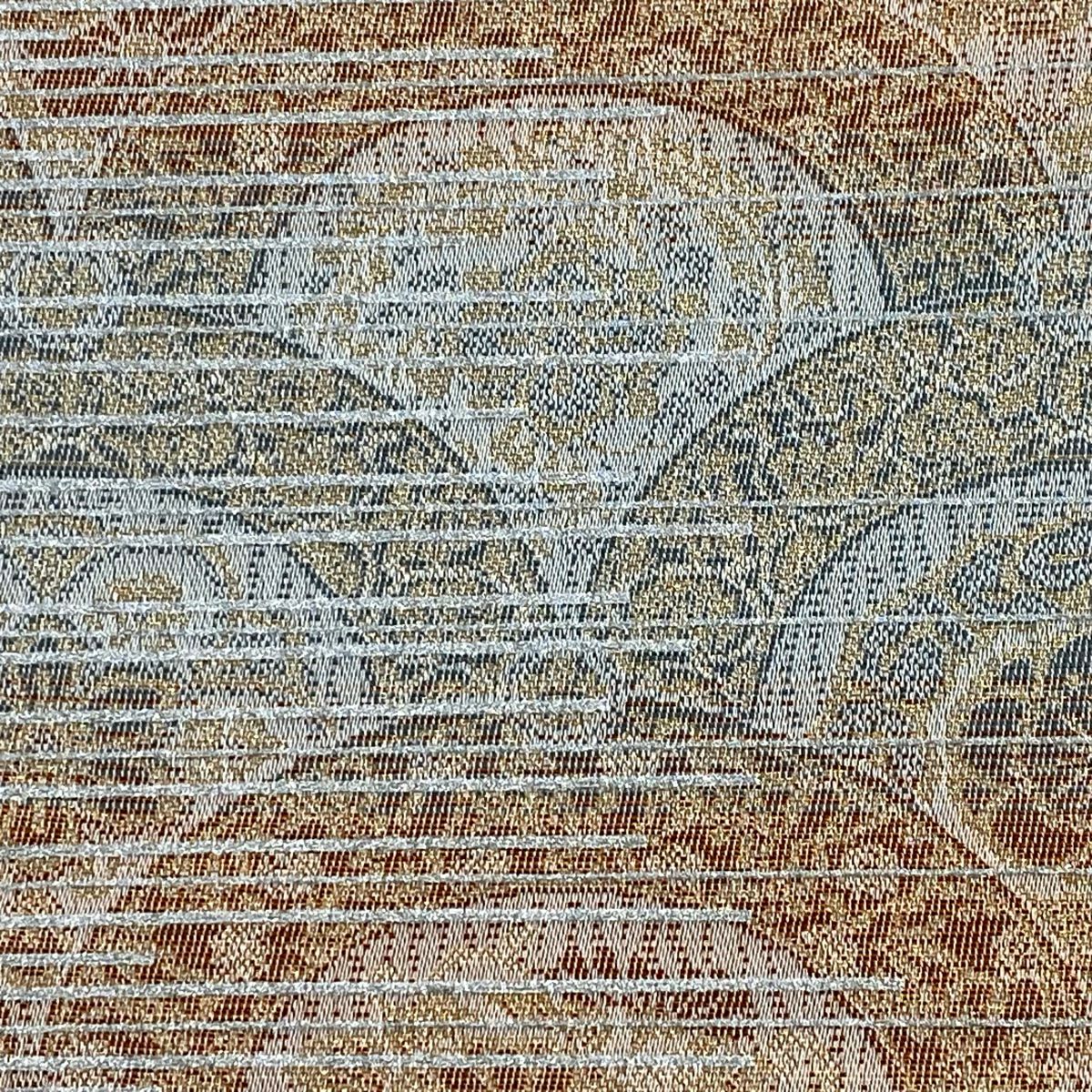 【美品】 袋帶 秀品級 青海波 草花紋 金糸 銀銀彩 紅茶 六通 純蠶絲