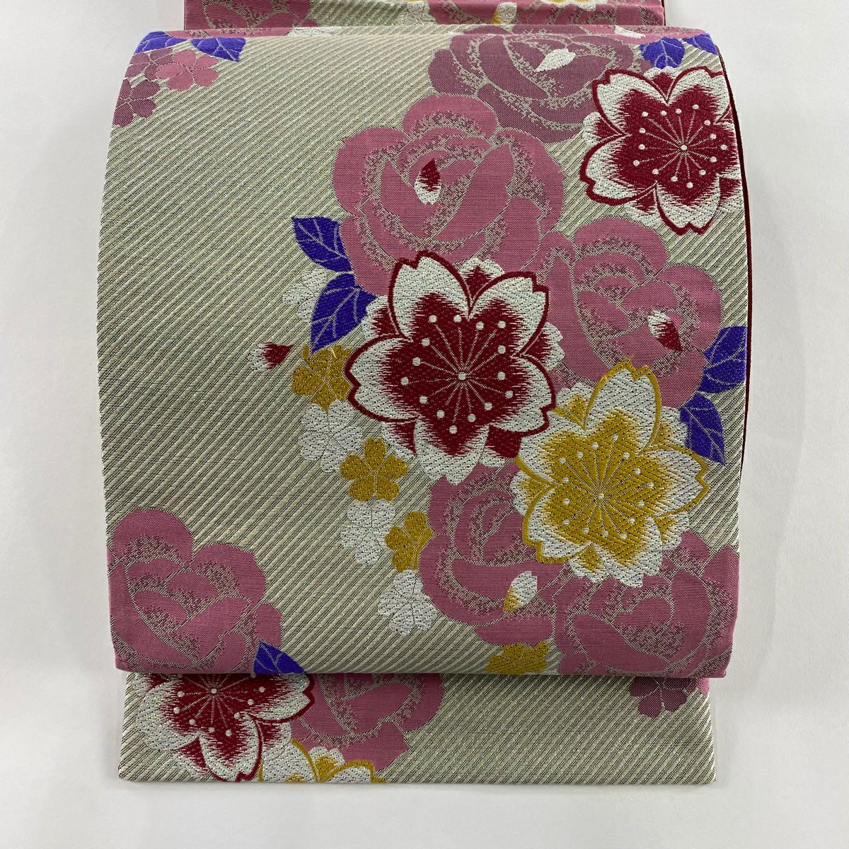 【美品】 袋帶 秀品級櫻花 薔薇 金金箔 灰白 六通 純蠶絲