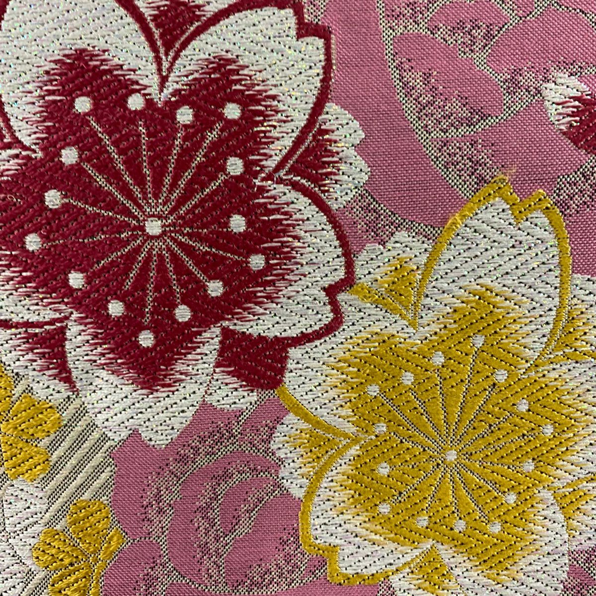 【美品】 袋帶 秀品級櫻花 薔薇 金金箔 灰白 六通 純蠶絲