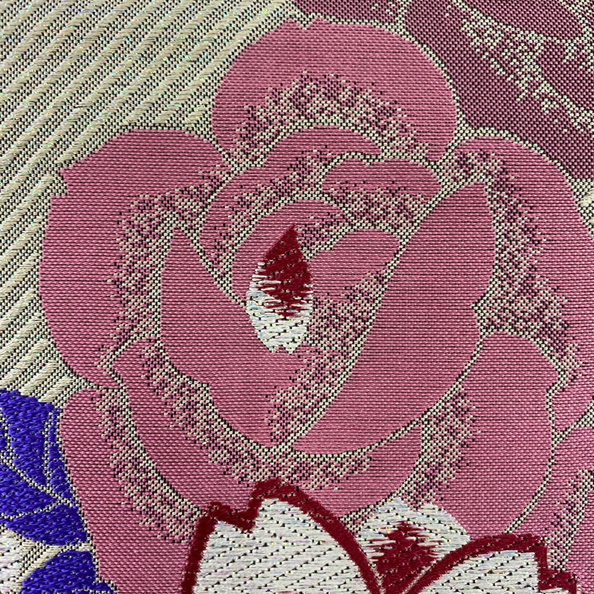 【美品】 袋帶 秀品級櫻花 薔薇 金金箔 灰白 六通 純蠶絲
