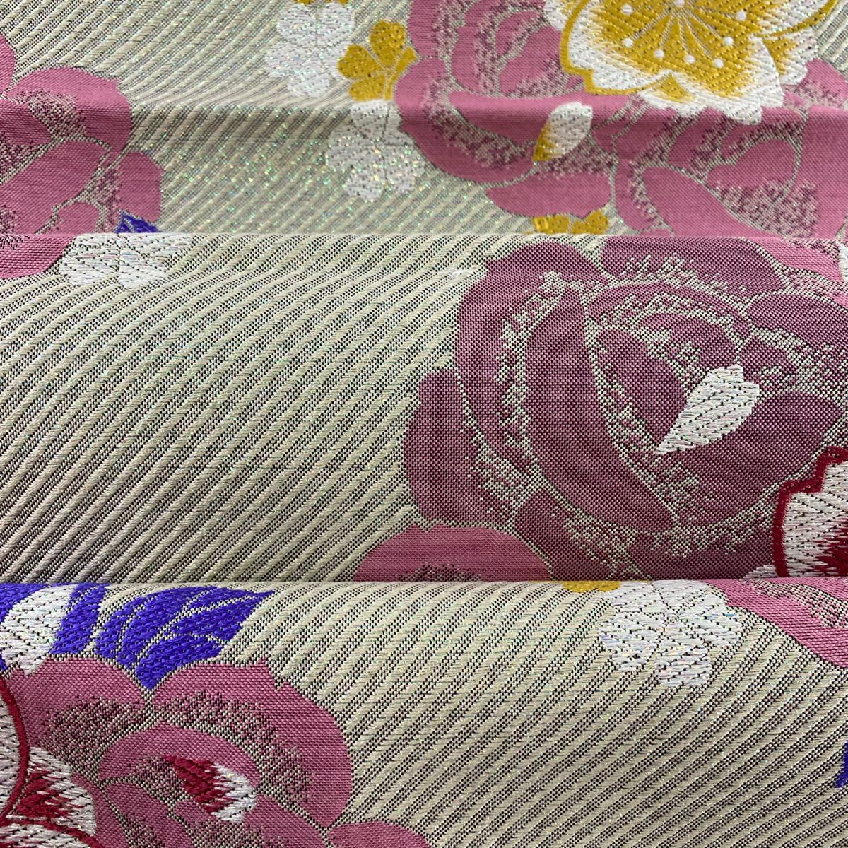 【美品】 袋帶 秀品級櫻花 薔薇 金金箔 灰白 六通 純蠶絲