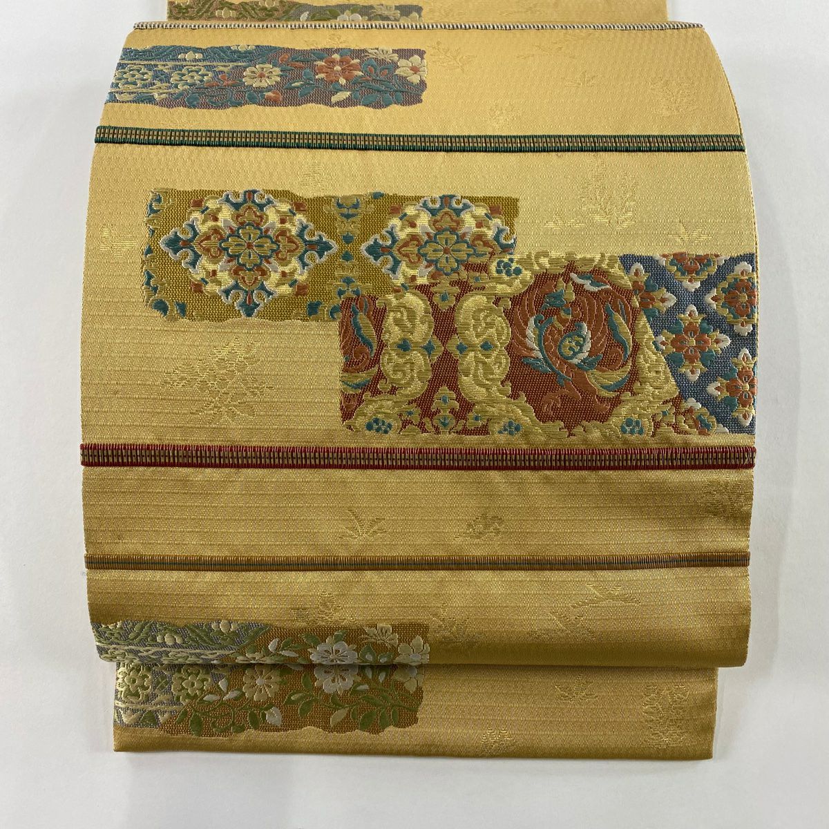 【美品】 袋帶 秀品級 草花紋紋 金金箔 米色 大鼓圖案 純蠶絲