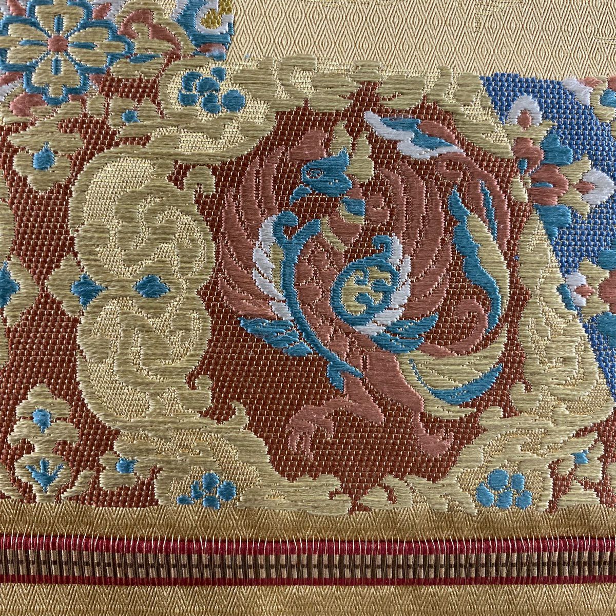 【美品】 袋帶 秀品級 草花紋紋 金金箔 米色 大鼓圖案 純蠶絲