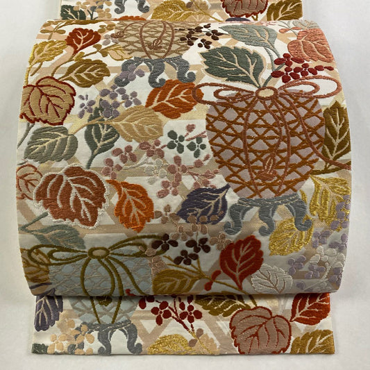 袋帶 名品級 包裝 草花紋紋 唐織 金金箔 奶油色 六通 純蠶絲