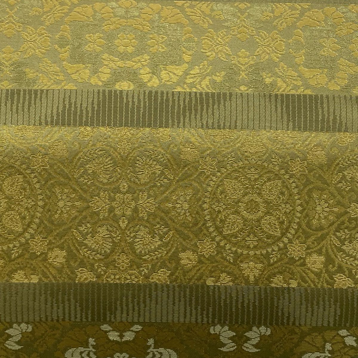 【美品】 袋帶 名品級 金金箔屋清兵衛 有落款 西陣織 草花紋紋 段縞圖案 金金箔 鶯色 大鼓圖案 純蠶絲