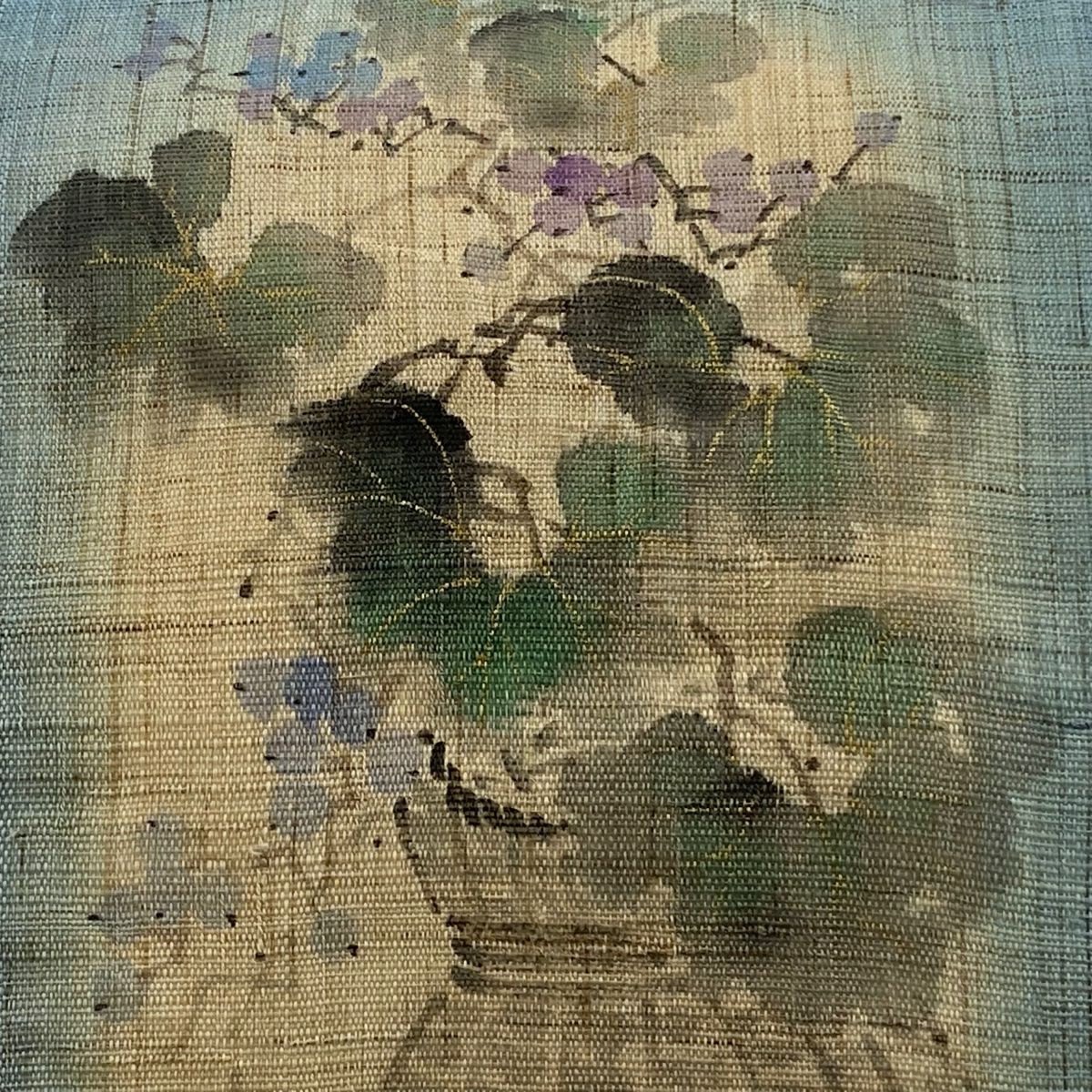 名古屋帶 名品級 落款 葡萄 花器 金銀彩 水色 純蠶絲
