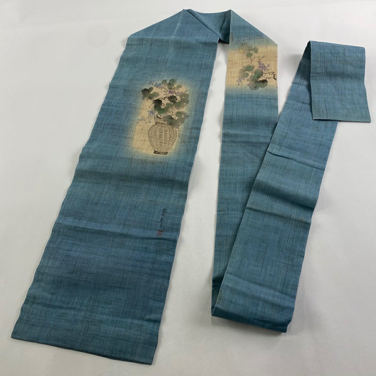 名古屋帶 名品級 落款 葡萄 花器 金銀彩 水色 純蠶絲