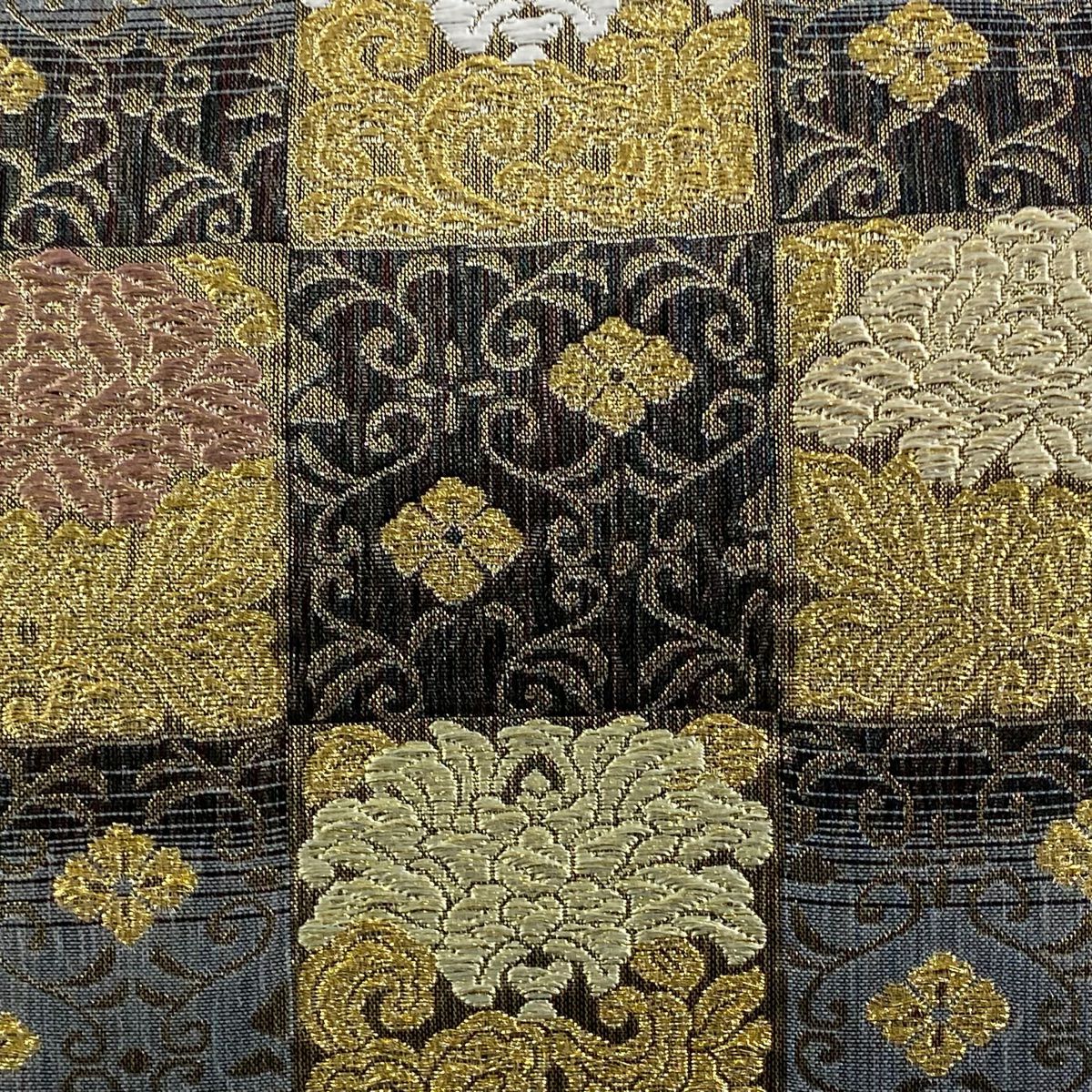 【美品】 袋帶 名品級 草花紋紋 市松樹圖案 金絲 拉麵絲 灰色 六通 純蠶絲