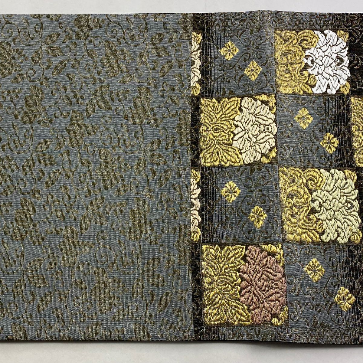 【美品】 袋帶 名品級 草花紋紋 市松樹圖案 金絲 拉麵絲 灰色 六通 純蠶絲