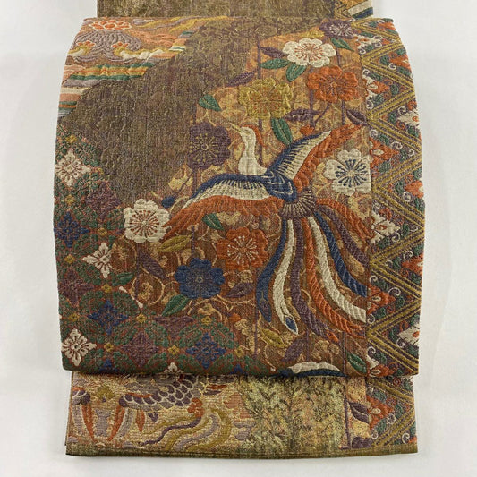 【美品】 袋帶 名品級 じゅらく 落款あり 時代裂合せ文樣 金金箔 銀線 紅茶 お太鼓圖案 純蠶絲