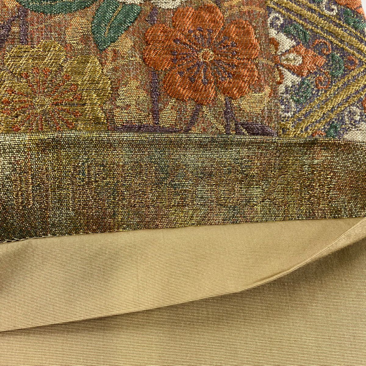 【美品】 袋帶 名品級 じゅらく 落款あり 時代裂合せ文樣 金金箔 銀線 紅茶 お太鼓圖案 純蠶絲