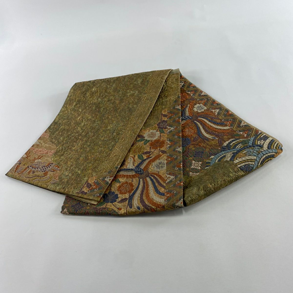 【美品】 袋帶 名品級 じゅらく 落款あり 時代裂合せ文樣 金金箔 銀線 紅茶 お太鼓圖案 純蠶絲