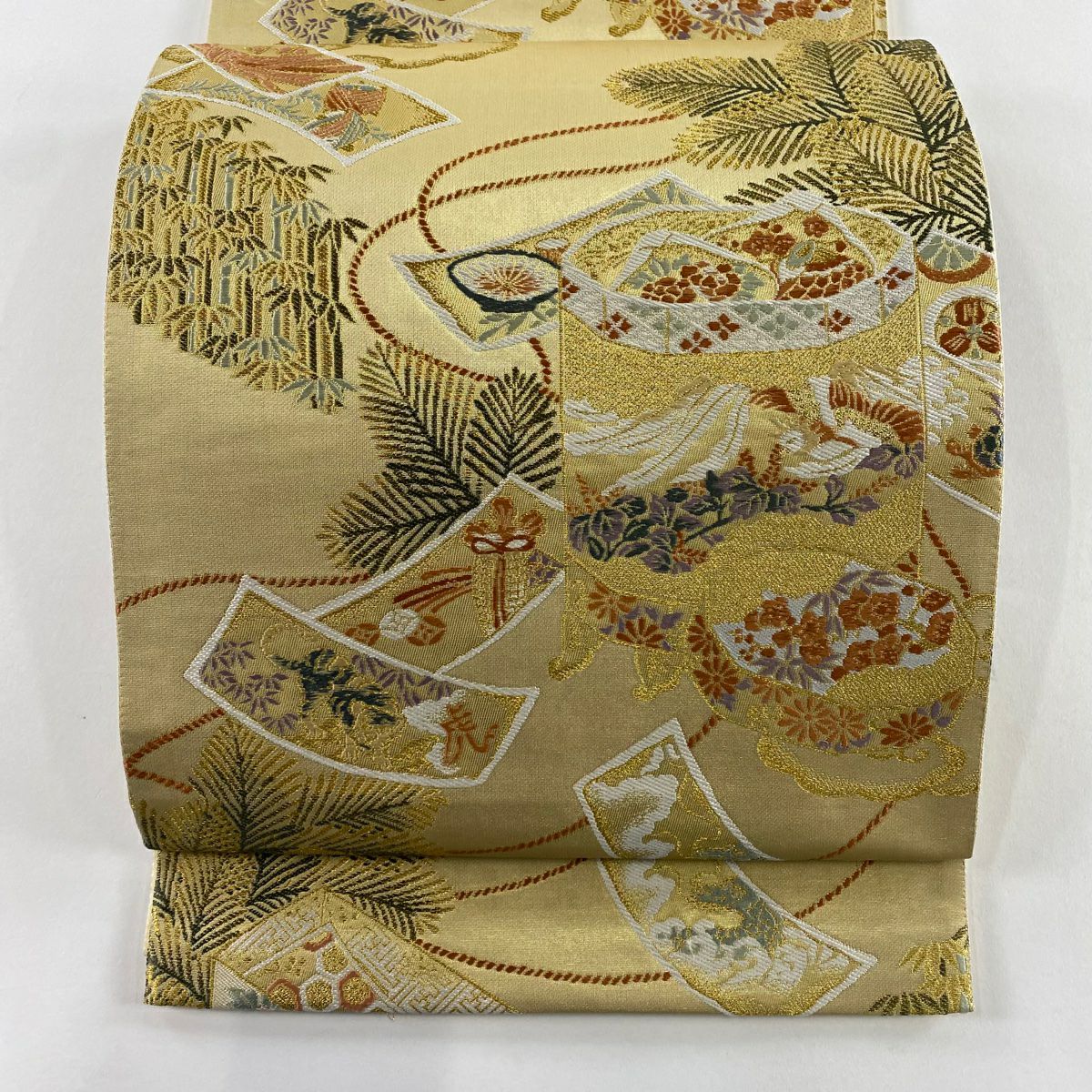 【美品】 袋帶 名品級 貝桶 松樹竹子梅花 金絲 金金箔 金色 六通 純蠶絲