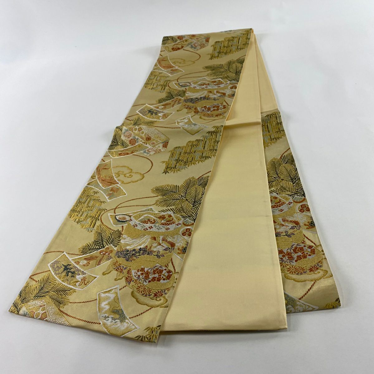 【美品】 袋帶 名品級 貝桶 松樹竹子梅花 金絲 金金箔 金色 六通 純蠶絲