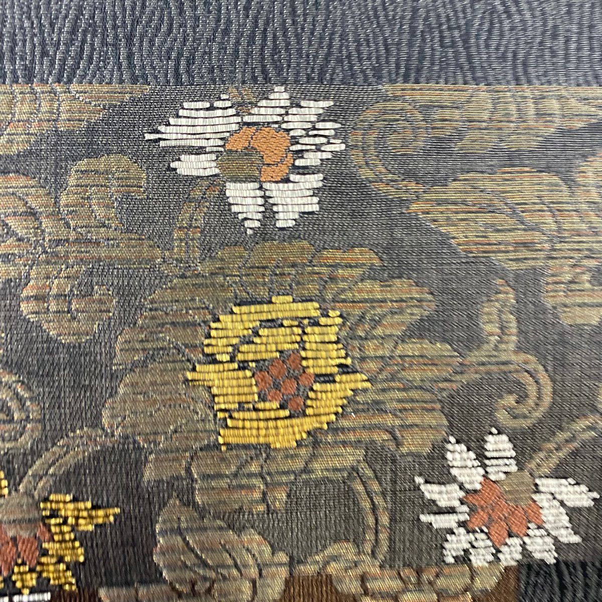 袋帶 名品級 花唐草紋 花 金金箔 墨 深藍 六通 純蠶絲